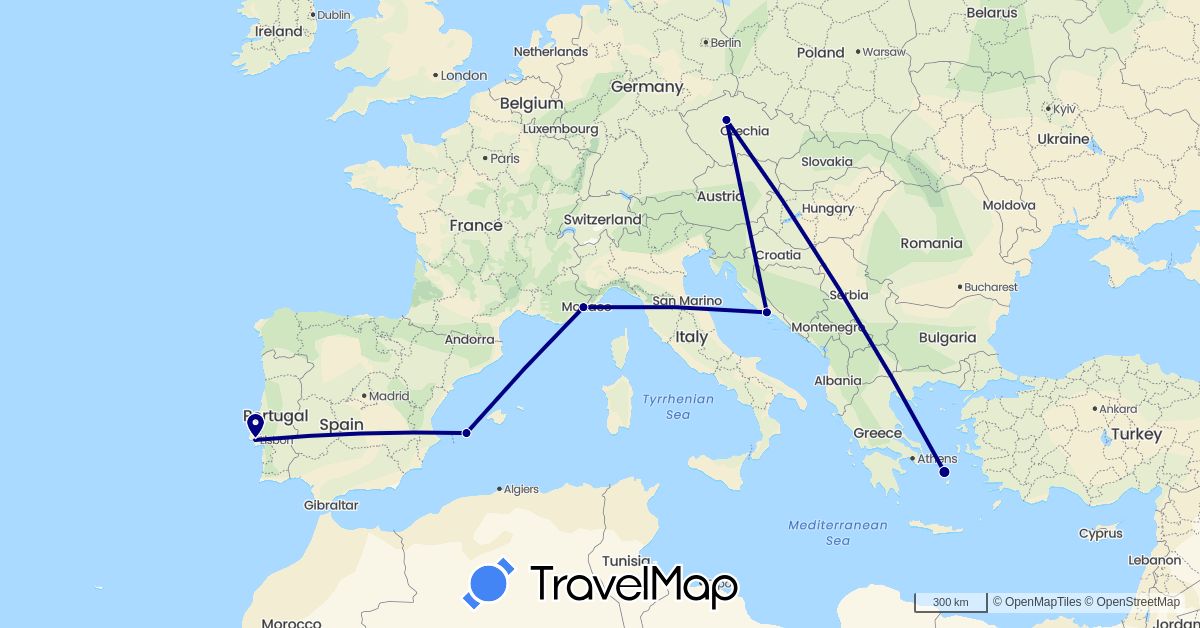TravelMap itinerary: driving in Czech Republic, Spain, France, Greece, Croatia, Portugal (Europe)