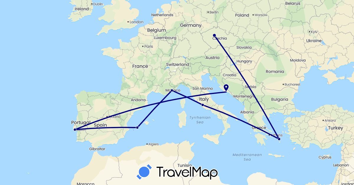 TravelMap itinerary: driving in Czech Republic, Spain, France, Greece, Croatia, Italy, Portugal (Europe)