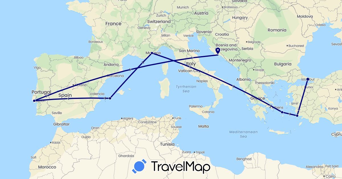 TravelMap itinerary: driving in Spain, France, Greece, Croatia, Portugal, Turkey (Asia, Europe)