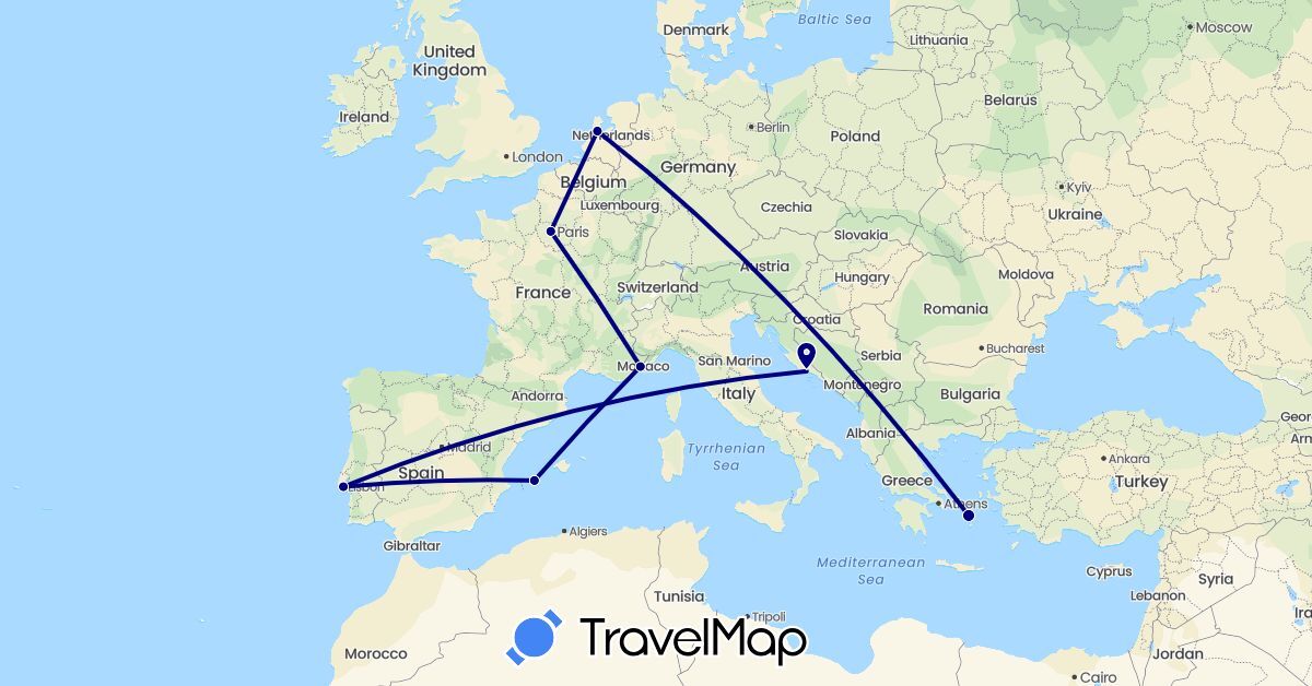 TravelMap itinerary: driving in Spain, France, Greece, Croatia, Netherlands, Portugal (Europe)